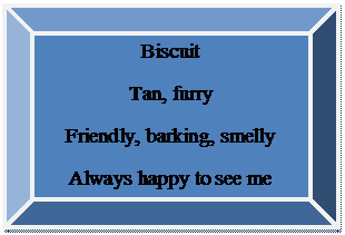 Bevel: Biscuit
Tan, furry
Friendly, barking, smelly
Always happy to see me
My dog

