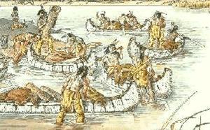 painting of canoes on the water