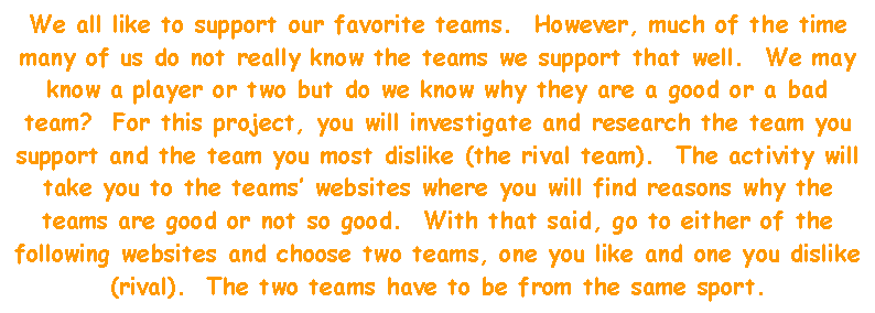 Text Box: We all like to support our favorite teams.  However, much of the time many of us do not really know the teams we support that well.  We may know a player or two but do we know why they are a good or a bad team?  For this project, you will investigate and research the team you support and the team you most dislike (the rival team).  The activity will take you to the teams� websites where you will find reasons why the teams are good or not so good.  With that said, go to either of the following websites and choose two teams, one you like and one you dislike (rival).  The two teams have to be from the same sport.

