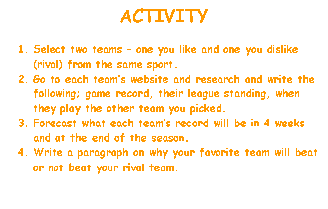 Text Box: ACTIVITY

1.	Select two teams � one you like and one you dislike (rival) from the same sport.
2.	Go to each team�s website and research and write the following; game record, their league standing, when they play the other team you picked.  
3.	Forecast what each team�s record will be in 4 weeks and at the end of the season.
4.	Write a paragraph on why your favorite team will beat or not beat your rival team.
