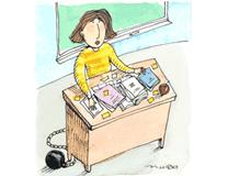 girl chained to desk